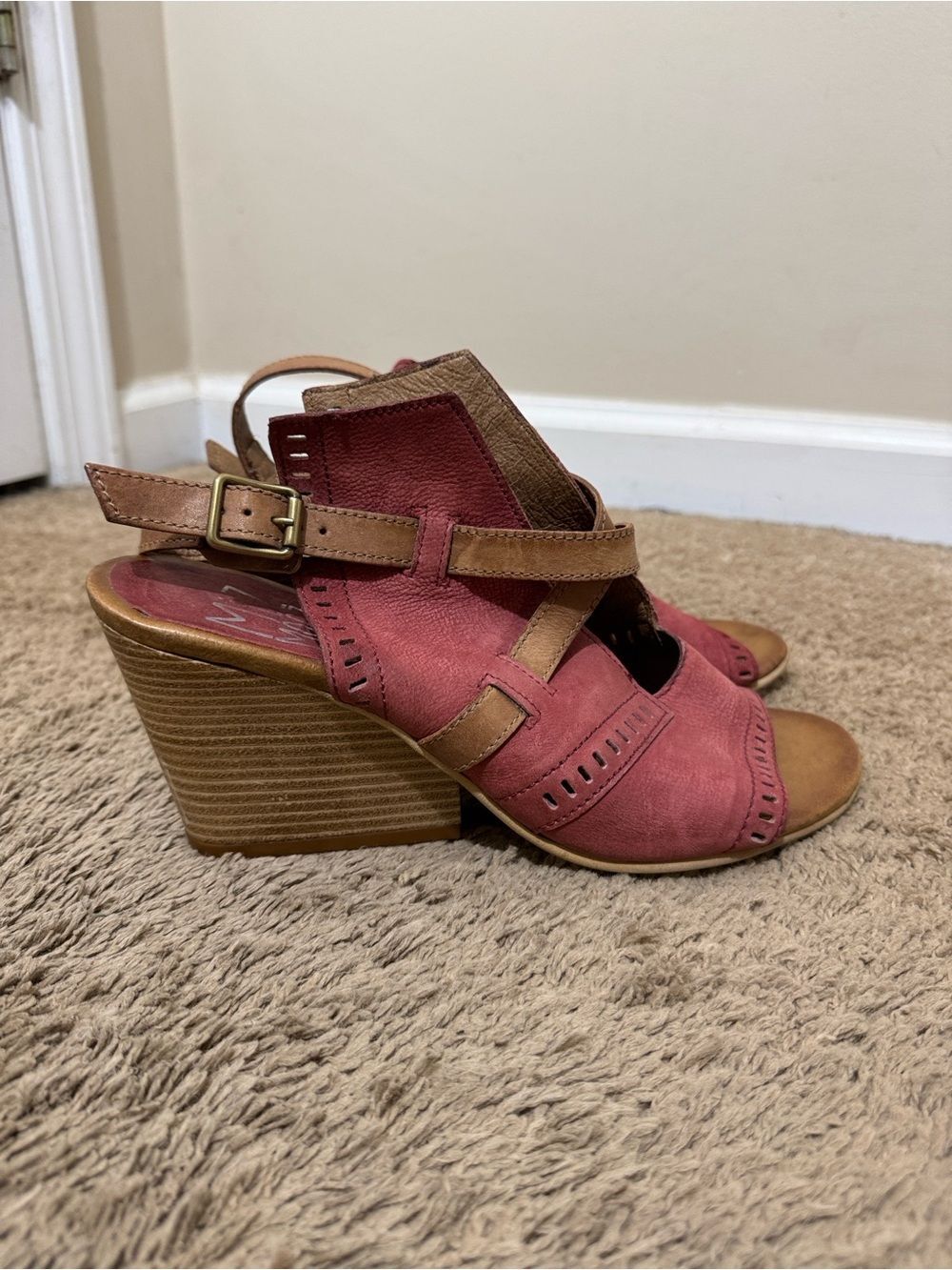 Miz Mooz Kipling Wedge Sandals Leather Red Tan size 42 Lagenlook Artsy Cottage